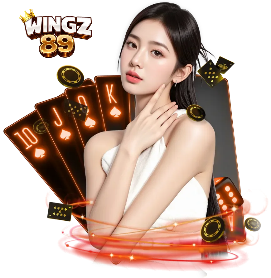 ภาพผู้หญิงพร้อมไพ่ ชิปคาสิโน และลูกเต๋า WINGZ89 ดีไซน์หรู โทนสีทองส้ม มีเอฟเฟกต์แสง เหมาะสำหรับใช้เป็นแบนเนอร์คาสิโนออนไลน์ wingz89