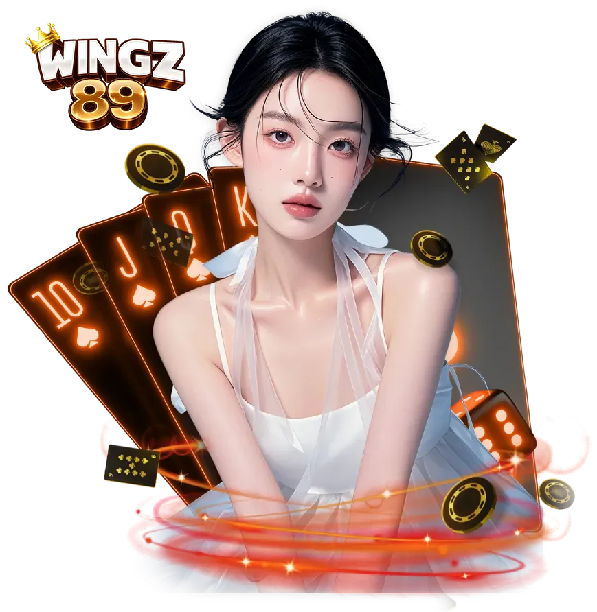ภาพผู้หญิงพร้อมไพ่และชิปคาสิโน WINGZ89 สไตล์หรู โทนสีทองส้ม มีเอฟเฟกต์แสง เหมาะสำหรับใช้เป็นแบนเนอร์คาสิโนออนไลน์ wingz89